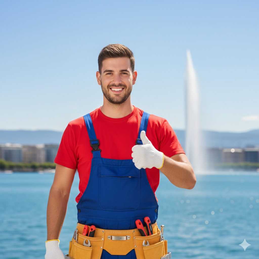 Artisan plombier souriant en tenue de travail bleue et rouge faisant un pouce levé devant le Jet d'eau de Genève.